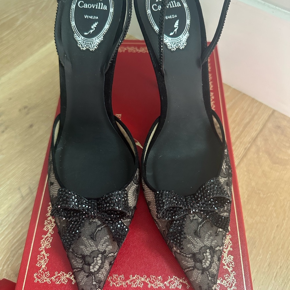 Rene Caovilla Black Lace Heels with Bow